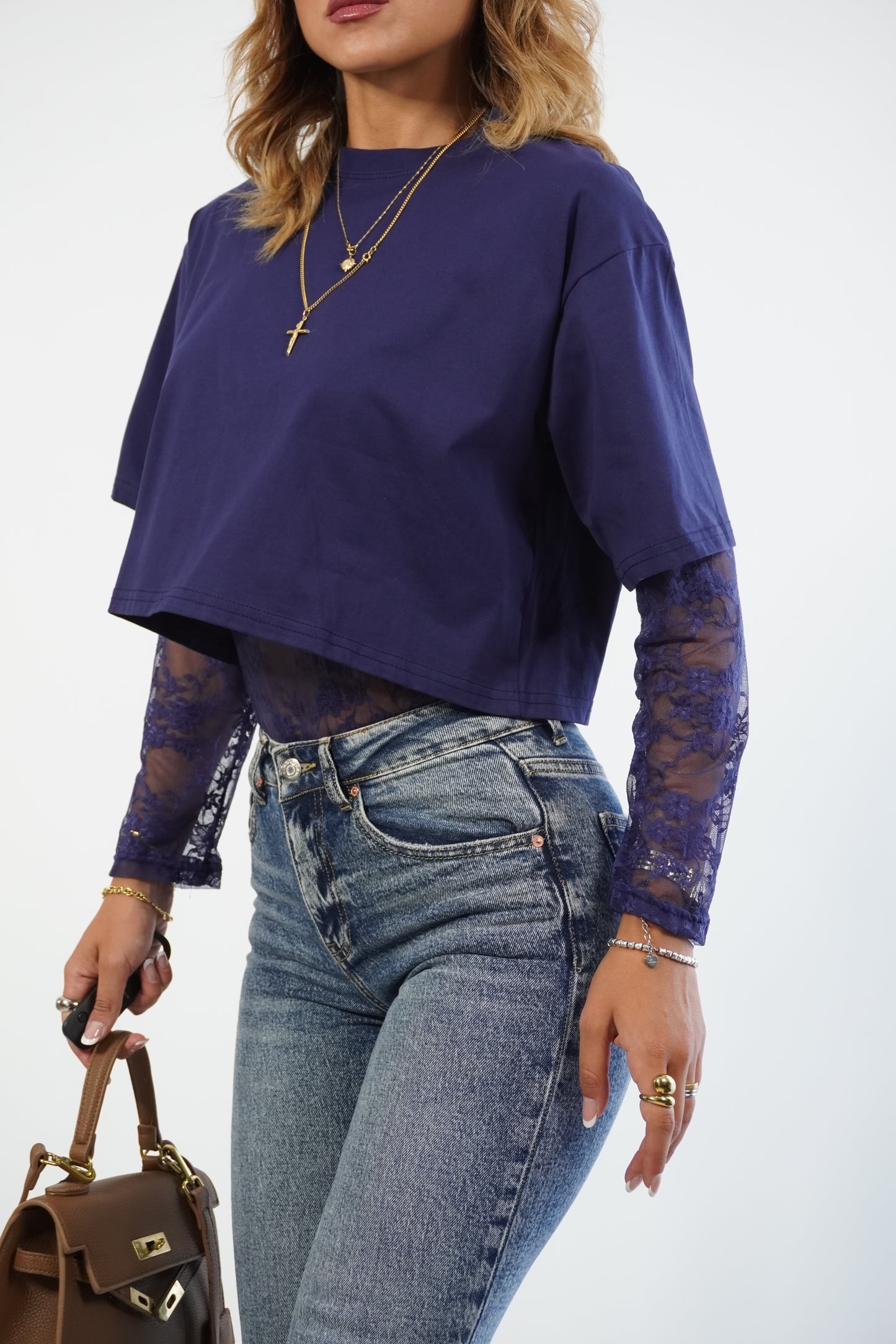 T-shirt crop + body in pizzo