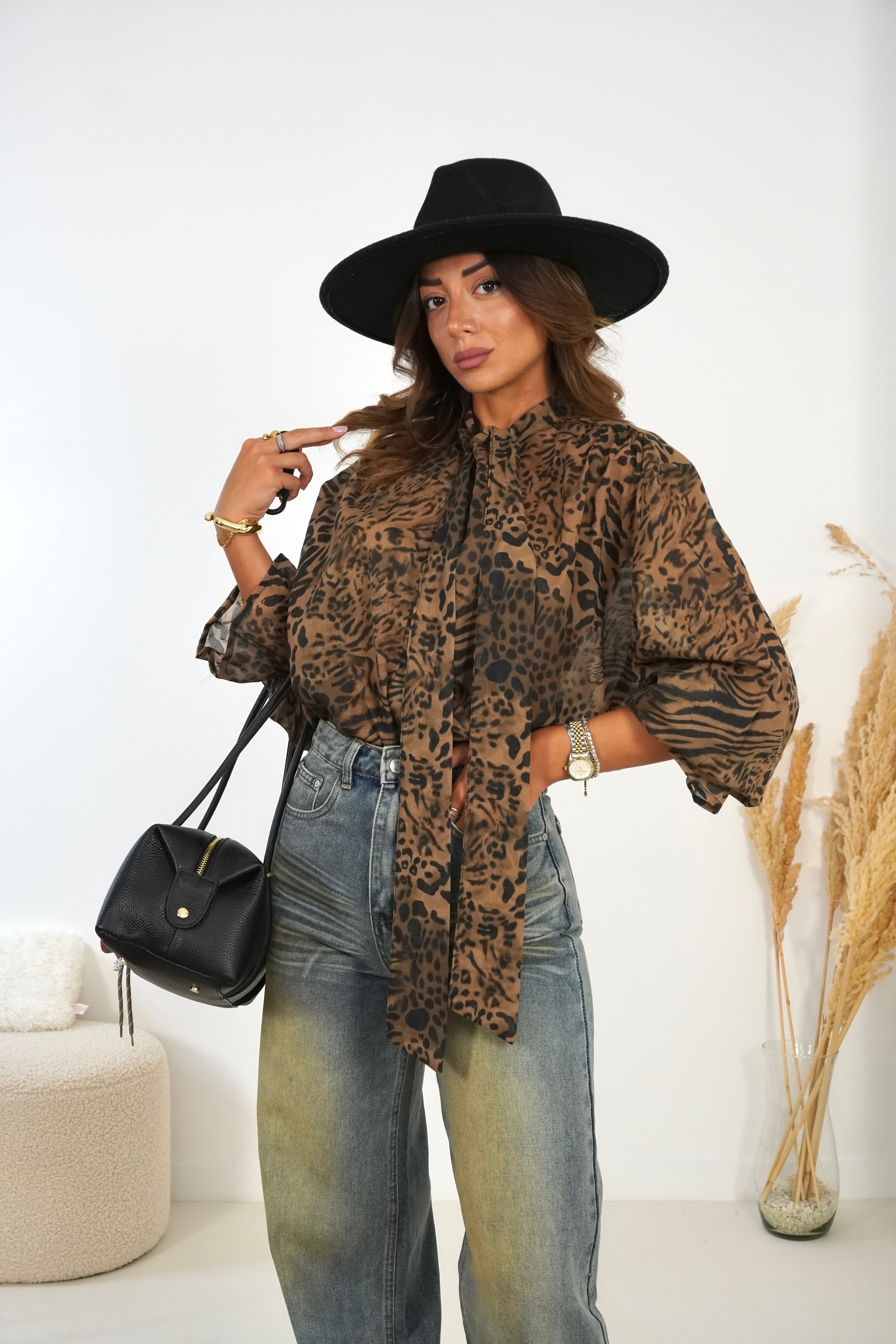 Blusa boho etnica oversize con stampa folk multicolore e maniche a palloncino